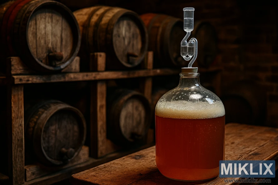 Glasdamjeanne som jäser brittisk ale på träbord med ölfat i rustik källare Glasdamjeanne som jäser brittisk ale på träbord med ölfat i rustik källare