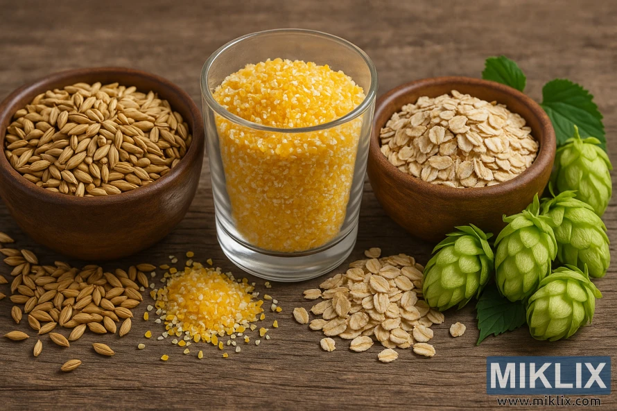 Nærbilde av bygg, maisgryn, havre og grønne humlekegler på rustikk treoverflate.