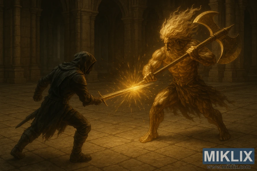 Realistic digital painting of the Tarnished fighting Godfrey, First Elden Lord, in a stone hall, their glowing sword and double-bladed axe clashing in a burst of golden sparks.