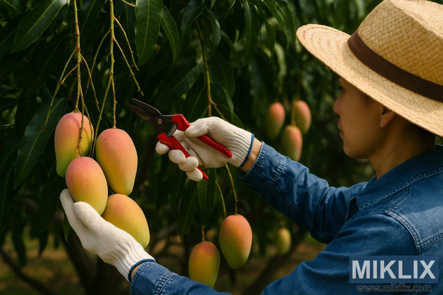 Person in straw hat and gloves harvesting ripe mangoes from a tree using pruning shears on a sunny day.