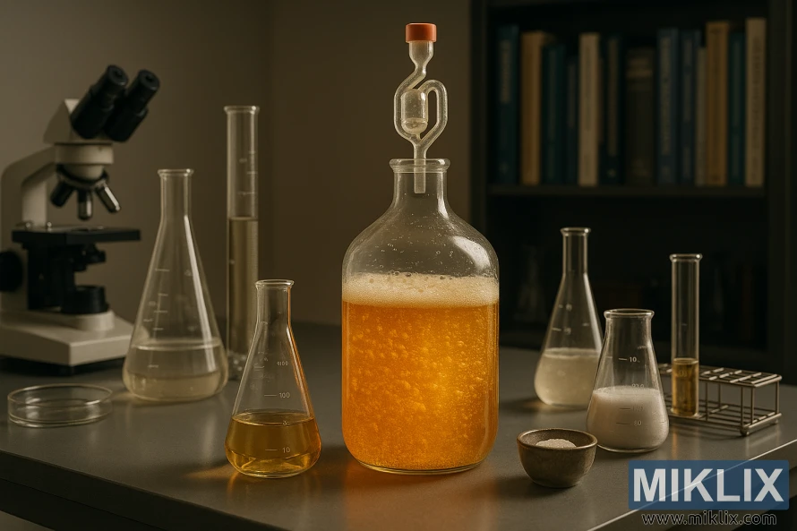 राखाडी बेंचवर बुडबुडे भरणाऱ्या सोनेरी द्रवाचे काचेचे भांडे, फ्लास्क आणि सूक्ष्मदर्शक असलेली किण्वन प्रयोगशाळा.