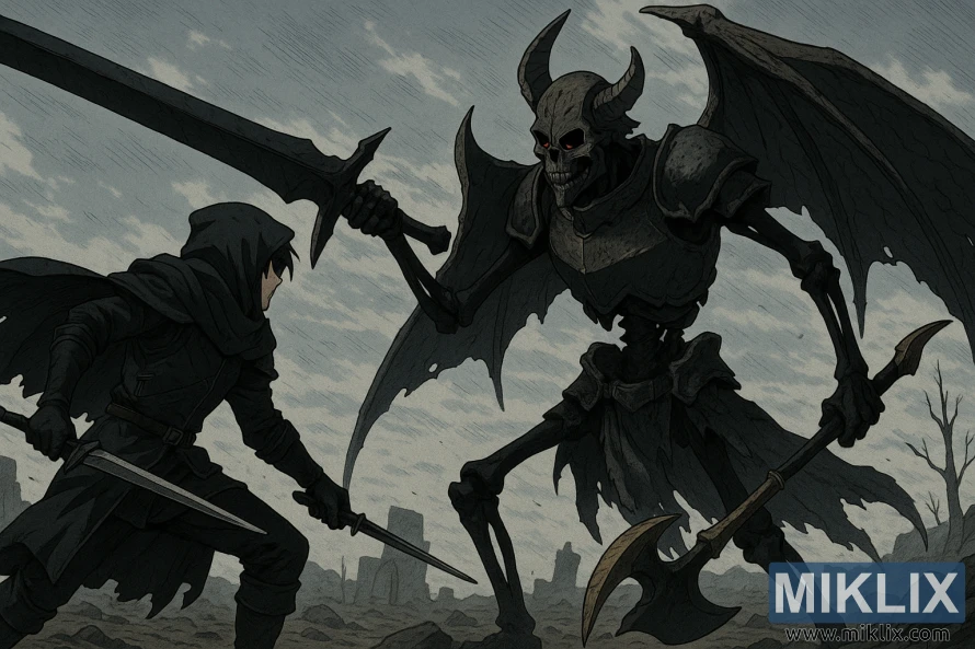 Fanúšikovské umenie Poškvrneného v anime štýle čelí týčiacemu sa kostnatému Príbuznému s Čiernou čepeľou s čiernymi kostenými končatinami v rozpadnutom brnení.