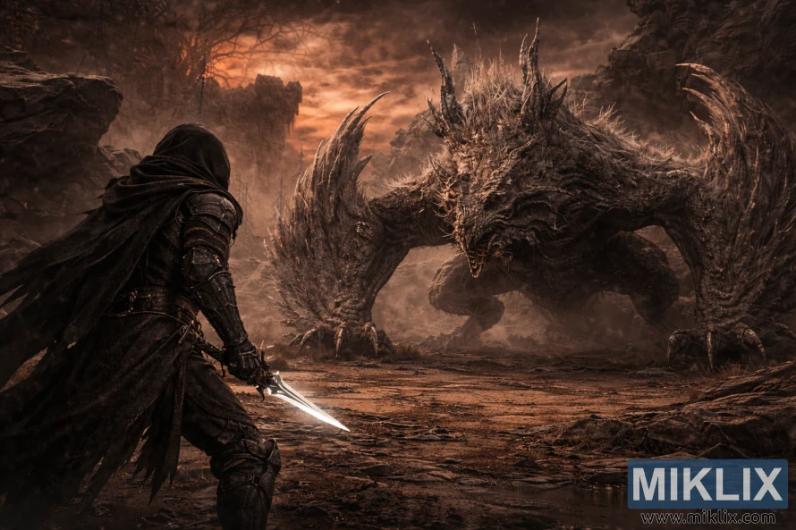 Dark fantasy scene showing the Tarnished from behind on the left, facing a colossal Jagged Peak Drake looming ahead in a barren, ash-lit landscape. Dark fantasy scene showing the Tarnished from behind on the left, facing a colossal Jagged Peak Drake looming ahead in a barren, ash-lit landscape.