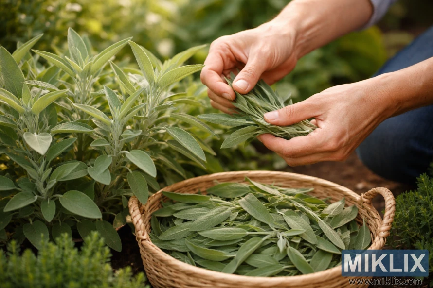 雙手輕柔地從花園裡一株健康的鼠尾草植株上採摘新鮮的鼠尾草葉,放入編織籃中。 雙手輕柔地從花園裡一株健康的鼠尾草植株上採摘新鮮的鼠尾草葉,放入編織籃中。