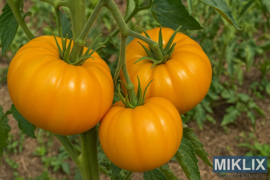 Três tomates Kellogg's Breakfast, maduros e alaranjados, crescendo em uma trepadeira em um jardim. Três tomates Kellogg's Breakfast, maduros e alaranjados, crescendo em uma trepadeira em um jardim.