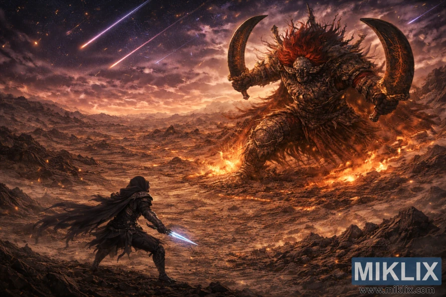 ಉಲ್ಕೆಗಳಿಂದ ತುಂಬಿದ ಆಕಾಶದ ಕೆಳಗೆ ಉರಿಯುತ್ತಿರುವ ಜ್ವಾಲಾಮುಖಿ ಯುದ್ಧಭೂಮಿಯಲ್ಲಿ, ಎತ್ತರದ ಸ್ಟಾರ್‌ಸ್ಕೋರ್ಜ್ ರಾಡಾನ್ ಅನ್ನು ಎದುರಿಸುತ್ತಿರುವ ಒಂಟಿ ಮಂಕಾದ ಕರಾಳ ಫ್ಯಾಂಟಸಿ ದೃಶ್ಯ.