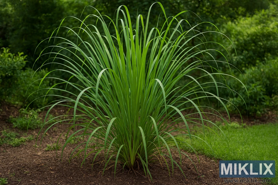 A mature lemongrass plant with tall, arching green leaves in a garden setting
