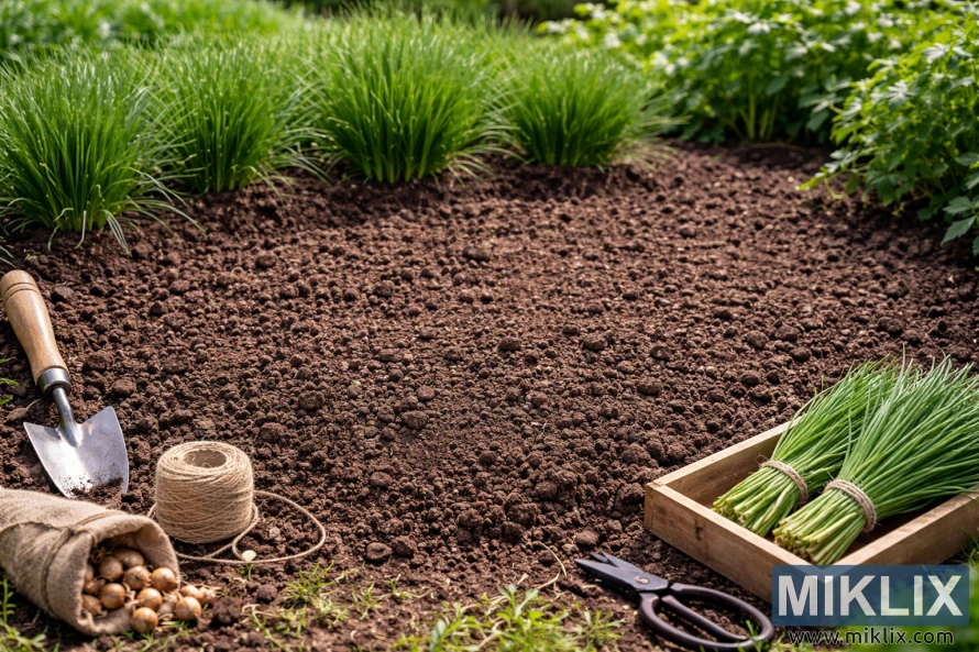 Freshly tilled garden soil prepared for planting chives, with gardening tools, chive bulbs, and bundles of green chives arranged neatly around the bed.