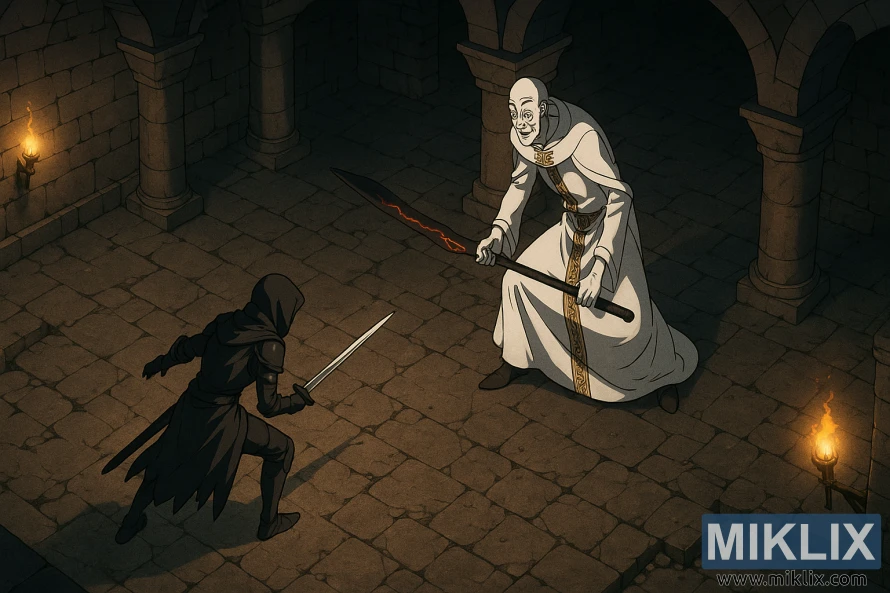 Isometric anime-style view of the Tarnished facing the tall Godskin Apostle in a dim underground stone chamber.