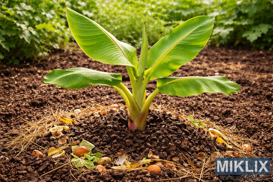Banana plant with broad green leaves growing in well-mulched soil enriched with organic compost
