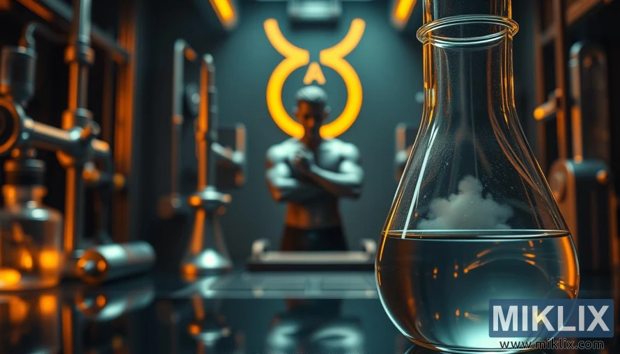 D-ასპარაგინის მჟავის სარგებლის ილუსტრაცია ჭიქაში, ადამიანის ფიგურასა და ფუტურისტულ ლაბორატორიულ გარემოში. D-ასპარაგინის მჟავის სარგებლის ილუსტრაცია ჭიქაში, ადამიანის ფიგურასა და ფუტურისტულ ლაბორატორიულ გარემოში.