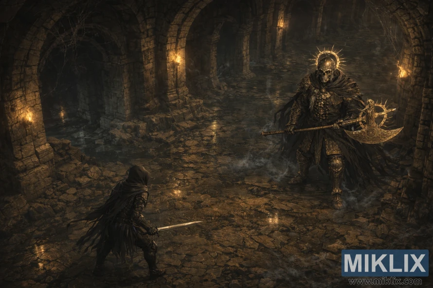 Isometric dark fantasy view of the Tarnished with a sword facing a skull-faced Death Knight wielding a golden axe inside a vast torch-lit catacomb.