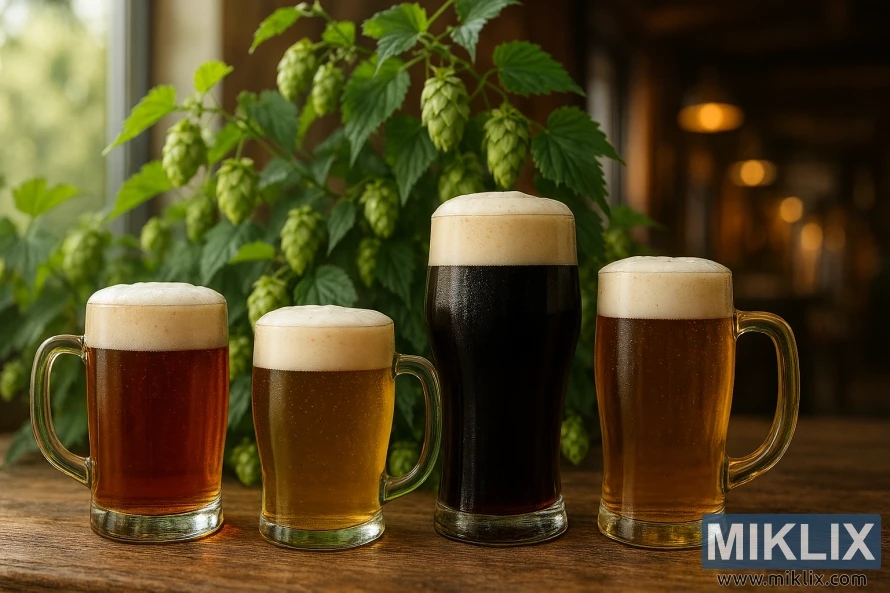 Landscape photo of four beers on a rustic wooden table with lush green hop cones and a warmly lit brewery interior in the background. Landscape photo of four beers on a rustic wooden table with lush green hop cones and a warmly lit brewery interior in the background.