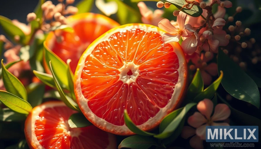 Värske greip mahlaste segmentidega, mida ümbritsevad rohelised lehed ja õied.