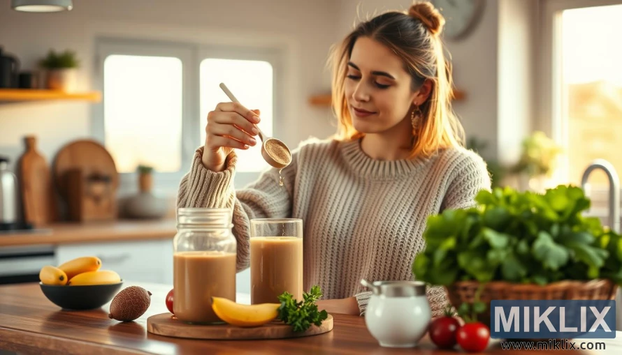 Žena dodaje prah korijena mace u smoothie u toploj, suncem obasjanoj kuhinji. Žena dodaje prah korijena mace u smoothie u toploj, suncem obasjanoj kuhinji.