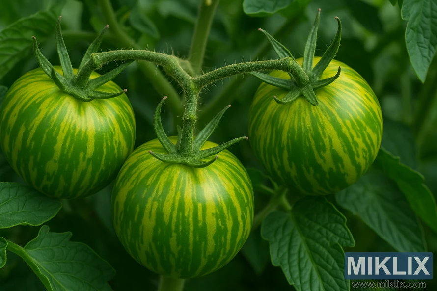 Imagem em close-up de tomates Green Zebra ainda verdes, com listras verdes, crescendo em uma trepadeira. Imagem em close-up de tomates Green Zebra ainda verdes, com listras verdes, crescendo em uma trepadeira.