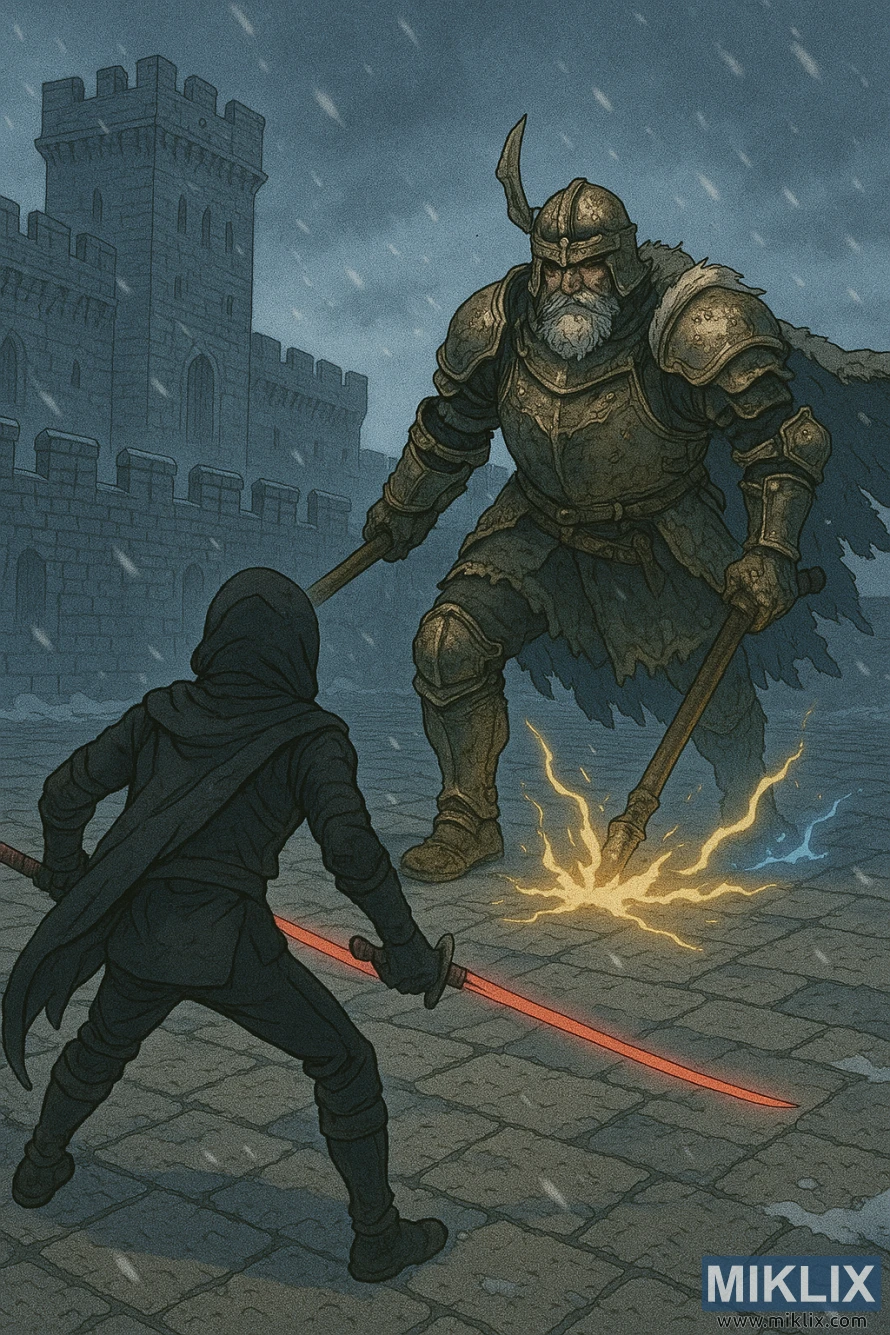 Scena u anime stilu ubice Crnim Nožem viđene s leđa, okrenute prema Zapovjedniku Niallu u snježnom dvorištu Zamka Sol. Scena u anime stilu ubice Crnim Nožem viđene s leđa, okrenute prema Zapovjedniku Niallu u snježnom dvorištu Zamka Sol.