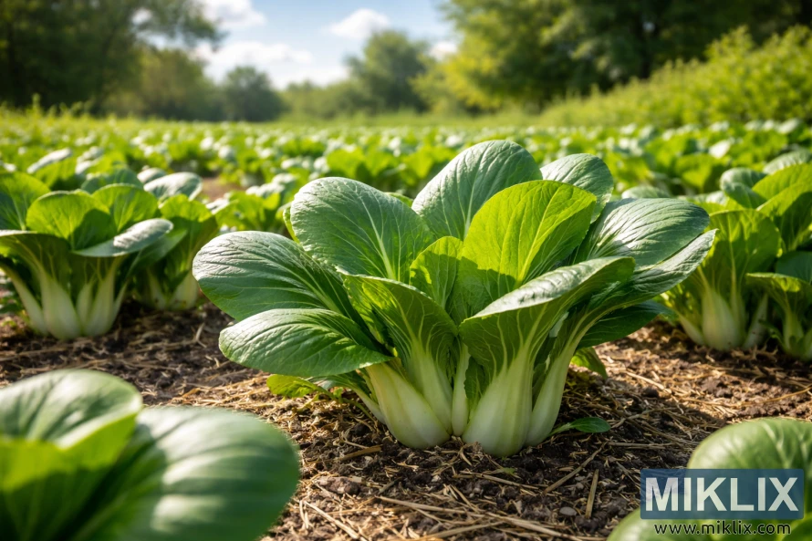 Sunne, varmebestandige bok choy-planter som vokser i pene rader under sterkt sommersollys på et dyrket jorde. Sunne, varmebestandige bok choy-planter som vokser i pene rader under sterkt sommersollys på et dyrket jorde.