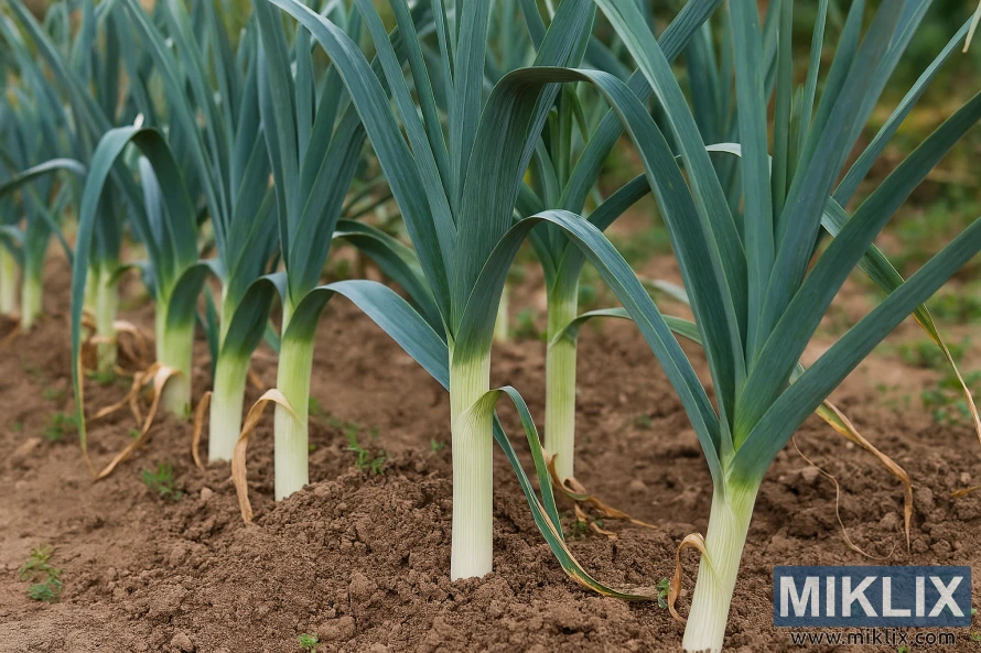 Row of healthy leeks with white stalks and green tops growing in garden soil