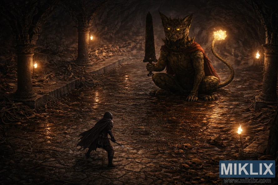 Landscape dark fantasy illustration of a cloaked armored warrior confronting a colossal seated stone watchdog in a torch-lit flooded catacomb filled with bones.