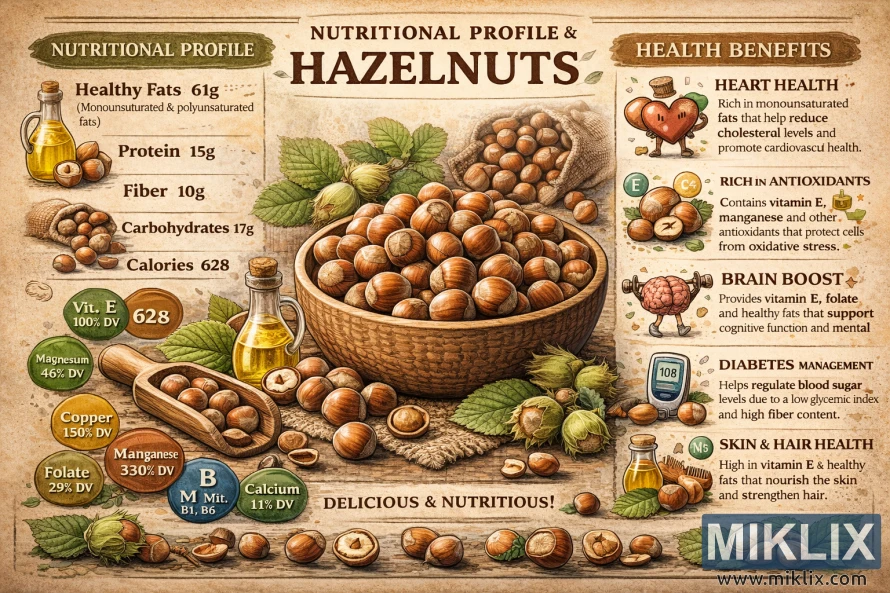 Picha iliyochorwa inayoonyesha ukweli wa lishe ya hazelnut na faida za kiafya zenye aikoni za afya ya moyo, vioksidishaji, usaidizi wa ubongo, na zaidi Picha iliyochorwa inayoonyesha ukweli wa lishe ya hazelnut na faida za kiafya zenye aikoni za afya ya moyo, vioksidishaji, usaidizi wa ubongo, na zaidi