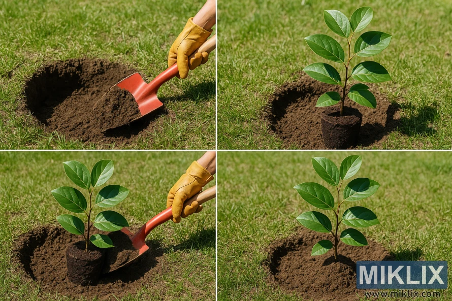 Four-step process showing how to plant a young persimmon tree, from digging the hole to placing the sapling and filling soil around it on a sunny day. Four-step process showing how to plant a young persimmon tree, from digging the hole to placing the sapling and filling soil around it on a sunny day.