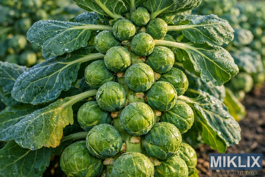 Close-up of a Churchill Brussels sprouts plant showing tightly formed early maturing sprouts on a central stalk with dew-covered green leaves.