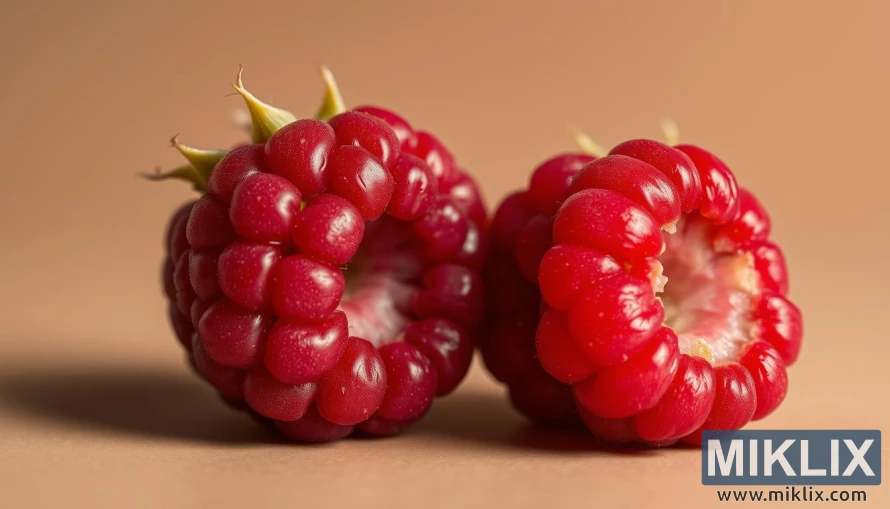 Հասուն կարմիր ազնվամորու խոշոր պլան՝ փայլուն դրուպելետներով և մանրամասն հյուսվածքով։