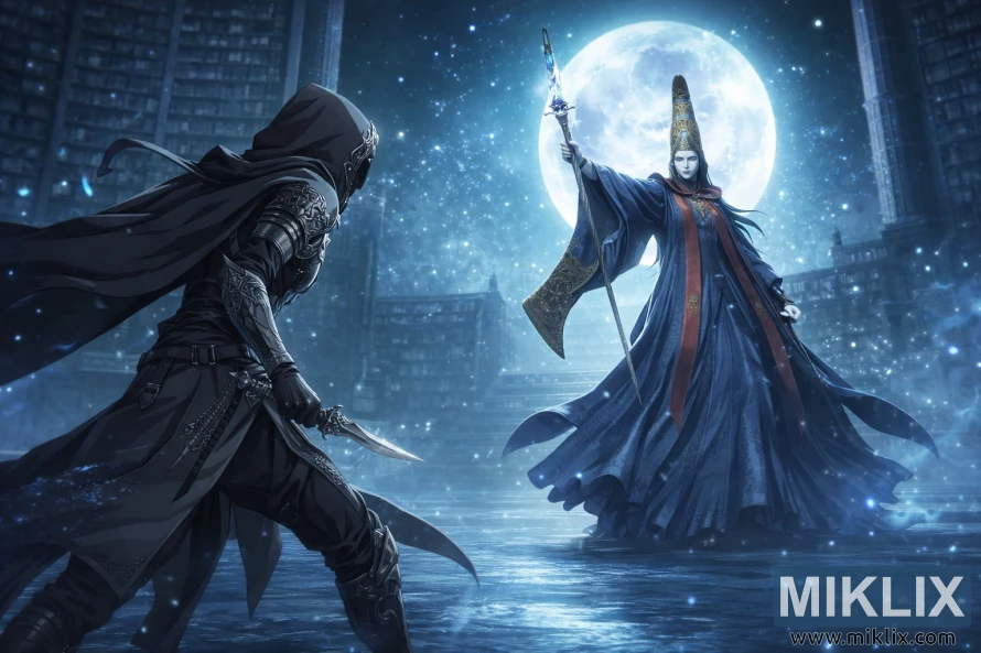 Fan art in stile anime che mostra l'armatura Tarnished in Black Knife che affronta Rennala, Regina della Luna Piena, nella biblioteca illuminata dalla luna della Raya Lucaria Academy, poco prima della battaglia.