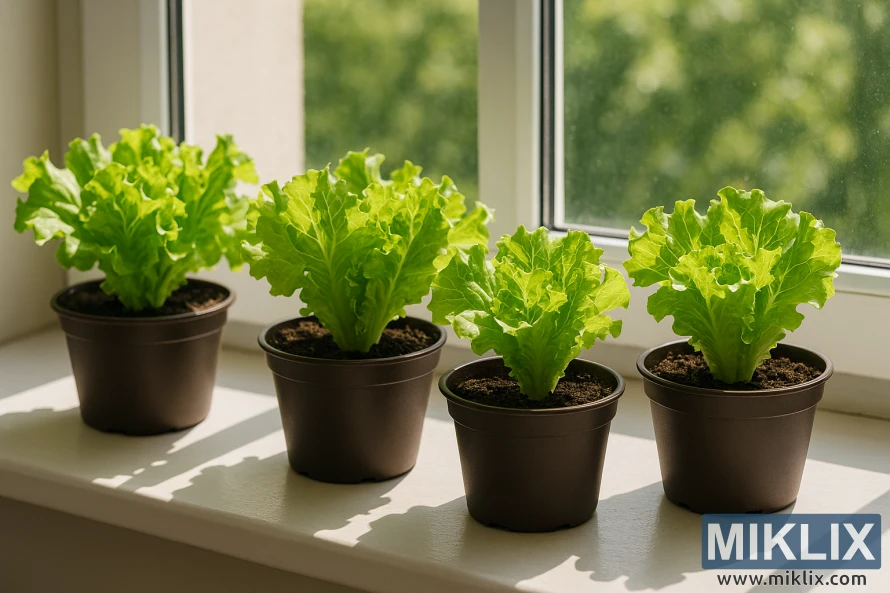 Four pots of green lettuce growing on a sunlit windowsill