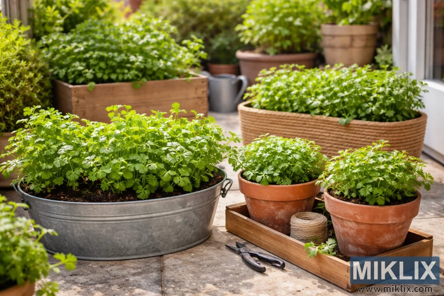 Lush cilantro plants growing in various containers on a sunlit patio with gardening tools nearby.