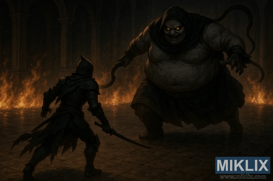 Wurin tsaka-tsakin tsaka-tsakin tsaka-tsaki na sulke a cikin Baƙar fata sulke yana fuskantar Godskin Noble a cikin zauren wuta na Volcano Manor.