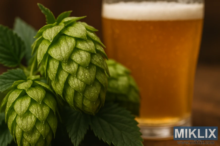 Nærbilde av Nelson Sauvin humler med et glass pale ale i mykt lys.