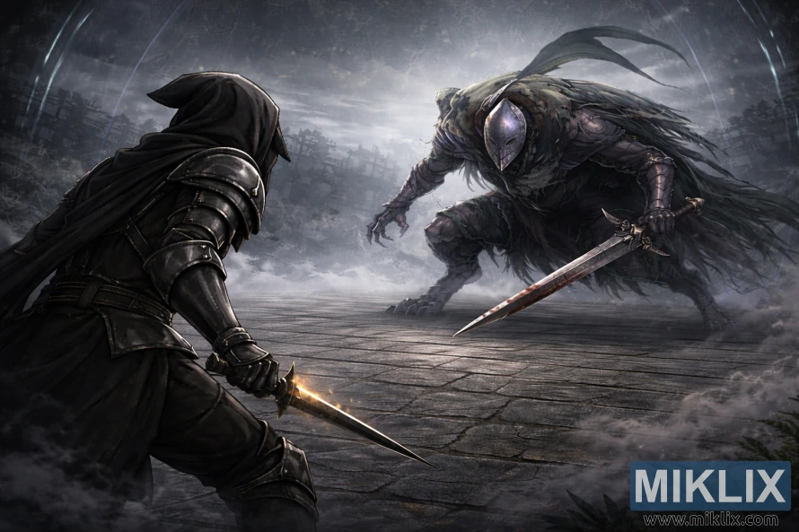 Semi-realistic dark fantasy scene of a hooded Tarnished facing a large sword-wielding Bloodhound Knight in a misty magical arena. Semi-realistic dark fantasy scene of a hooded Tarnished facing a large sword-wielding Bloodhound Knight in a misty magical arena.