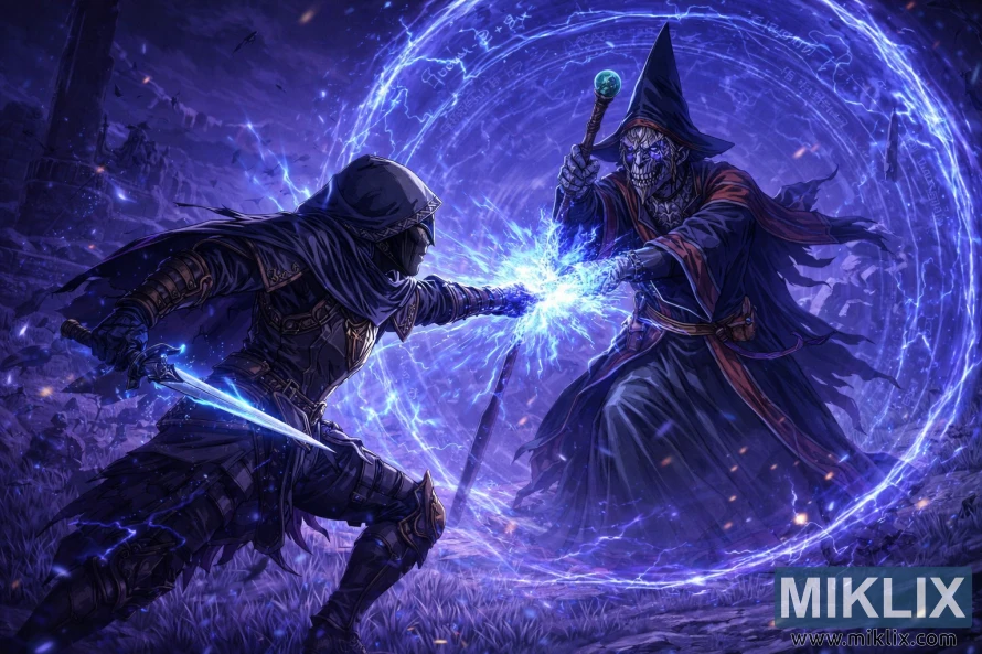 Fan art de style anime montrant l'armure du Couteau Terni en Noir s'affrontant au Mage de Bataille Hugues à l'intérieur de Sellia Evergaol, de la magie bleue explosant entre eux.