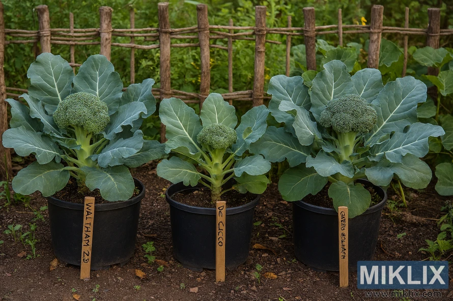 Three labeled broccoli varieties—Waltham 29, De Cicco, and Green Goliath—growing in black containers within a rustic garden. Three labeled broccoli varieties—Waltham 29, De Cicco, and Green Goliath—growing in black containers within a rustic garden.