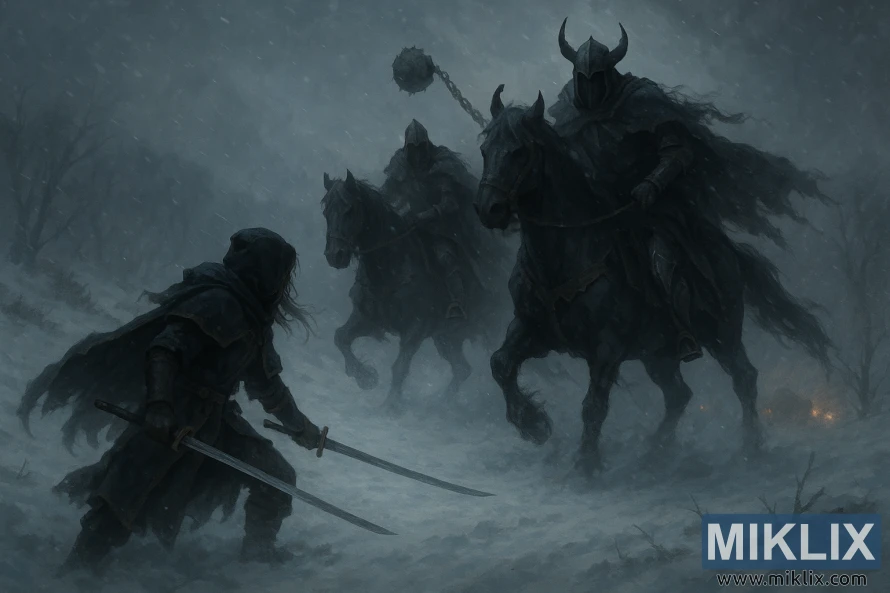 A lone warrior in dark armor with twin blades confronts two armored riders on black horses in a violent snowstorm. A lone warrior in dark armor with twin blades confronts two armored riders on black horses in a violent snowstorm.