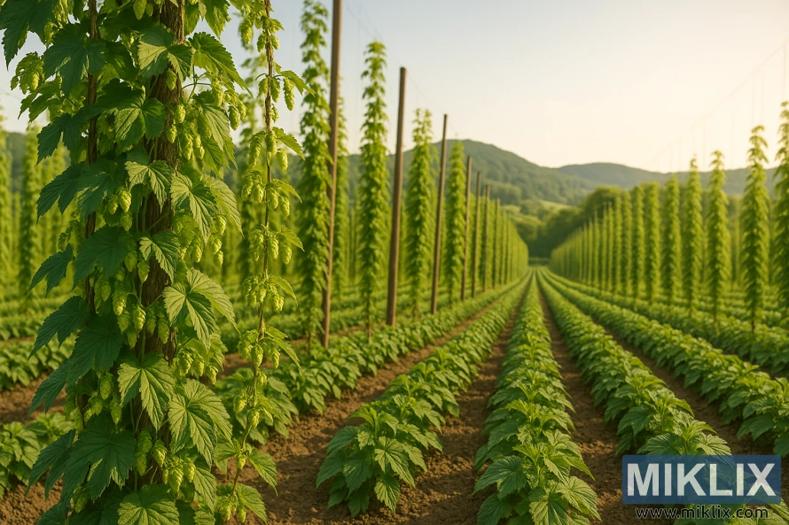 Vešlūs apynių augalai „Celeia“, laipiojantys grotelėmis, saulės apšviestame lauke su kalvomis fone.