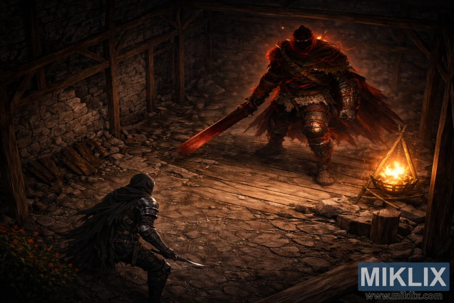 Izometrická kresba Elden Ringu na šírku zobrazujúca Poškvrnených pod nimi a týčiaci sa Lovca so Zvonom v Chatrči bojovníka pred bitkou.