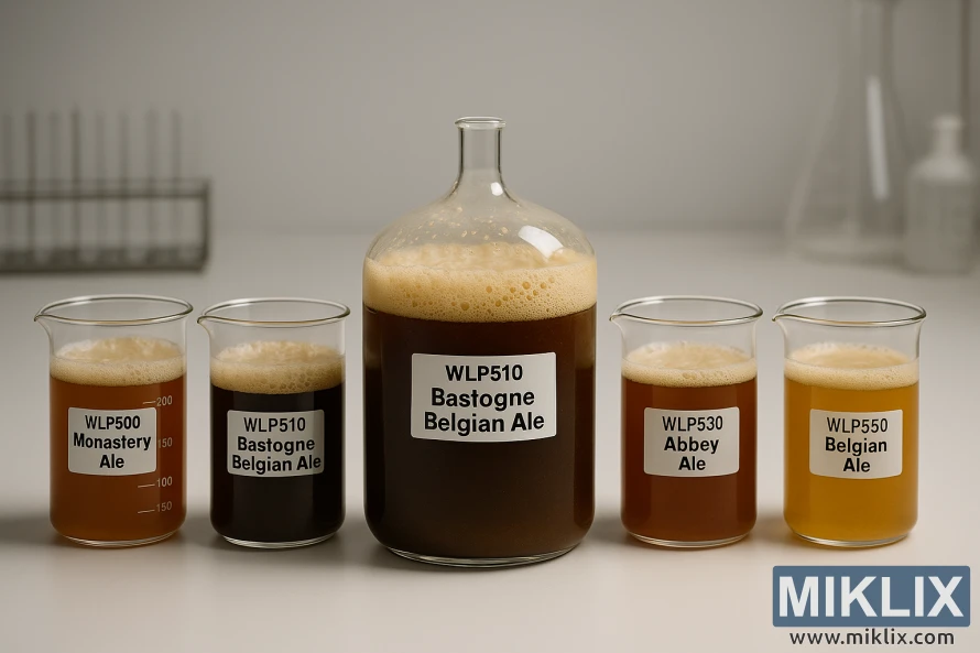 ਫਰਮੈਂਟਿੰਗ ਬੈਲਜੀਅਨ ਏਲਜ਼ ਦੇ ਪੰਜ ਬੀਕਰ ਇੱਕ ਪ੍ਰਯੋਗਸ਼ਾਲਾ ਸੈਟਿੰਗ ਵਿੱਚ ਵ੍ਹਾਈਟ ਲੈਬਜ਼ ਦੇ ਖਮੀਰ ਦੇ ਤਣਿਆਂ ਦੀ ਤੁਲਨਾ ਕਰਦੇ ਹਨ।