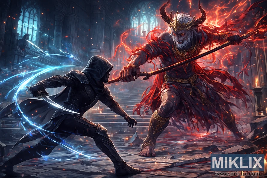 Anime-style depiction of the Tarnished in Black Knife armor battling Mohg, the Omen inside the Cathedral of the Forsaken.