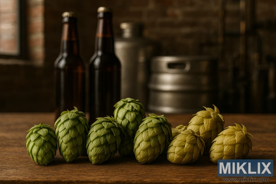 लकड़ी की सतह पर कैस्केड, सेंटेनियल और एटलस हॉप्स का क्लोज-अप। लकड़ी की सतह पर कैस्केड, सेंटेनियल और एटलस हॉप्स का क्लोज-अप।