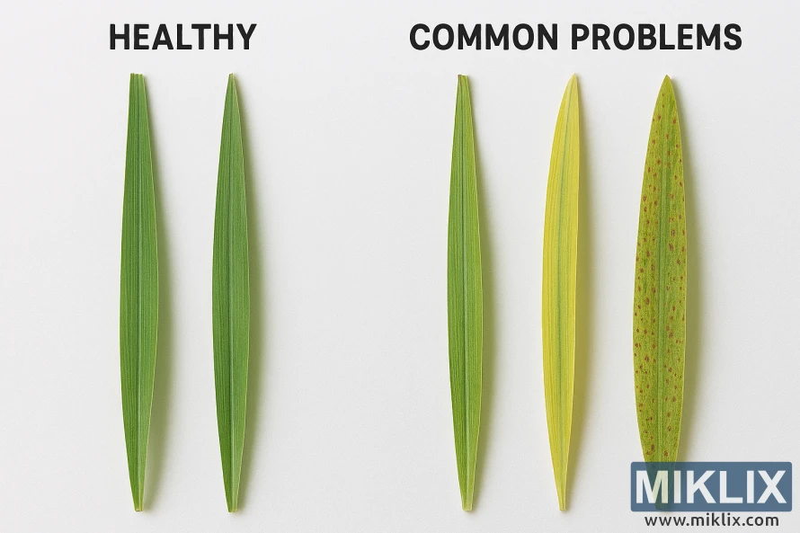 Side-by-side comparison of healthy lemongrass leaves and those with yellowing and brown spots