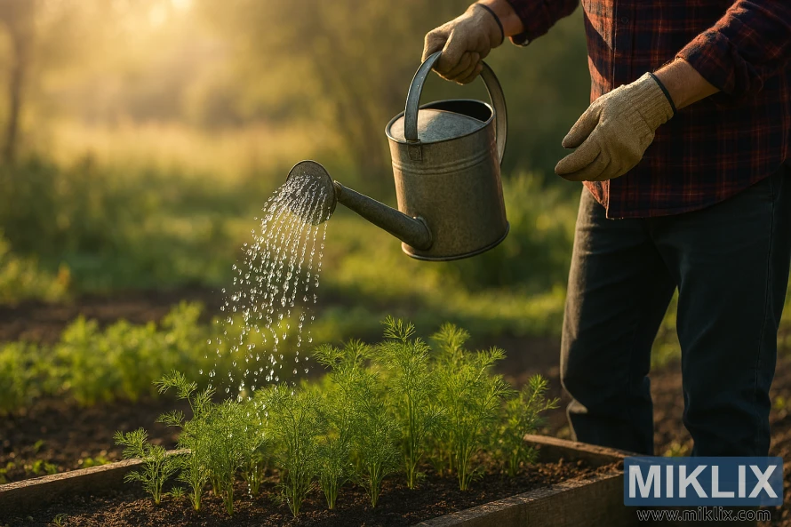 Gardener watering young dill plants with a metal watering can in morning sunlight Gardener watering young dill plants with a metal watering can in morning sunlight