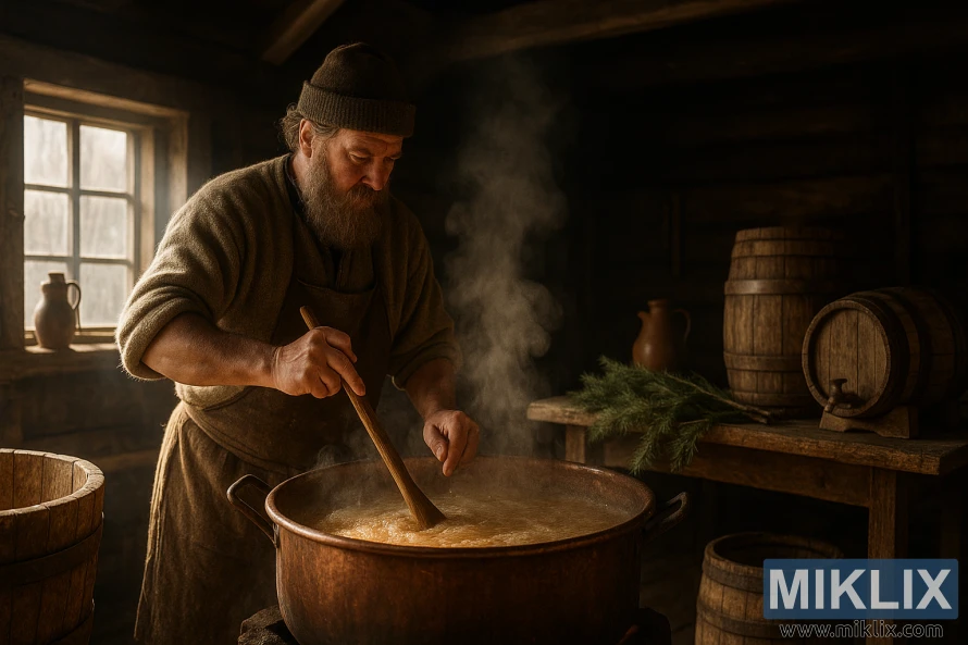 Pembuat bir berjanggut sedang mengaduk ketel tembaga besar di tempat pembuatan bir rumah pertanian kayu pedesaan. Pembuat bir berjanggut sedang mengaduk ketel tembaga besar di tempat pembuatan bir rumah pertanian kayu pedesaan.