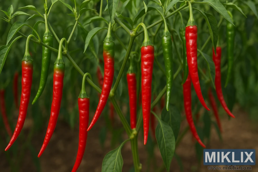 Långa, smala röda cayennepeppar som mognar på gröna plantor. Långa, smala röda cayennepeppar som mognar på gröna plantor.