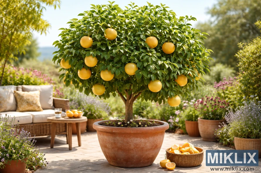 Uma árvore de toranja saudável, com frutos amarelos maduros, crescendo num grande vaso de terracota num pátio luminoso, rodeado por mobiliário de exterior e plantas em vasos.