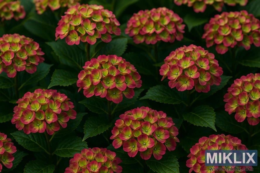 Pistachio hydrangeas with green, pink, and burgundy blooms against lush dark green foliage.