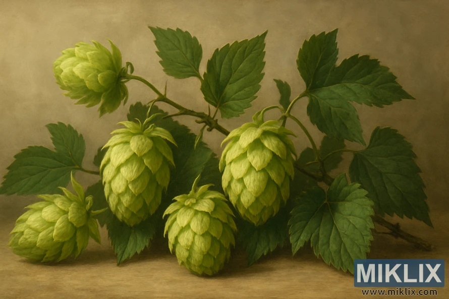 A detailed still life painting of Boadicea hop cones and green leaves arranged against a soft neutral background.