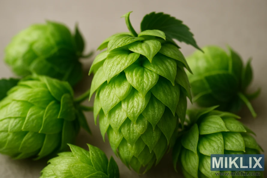 စိမ်းလန်းသောအရောင်များနှင့် lupulin ဂလင်းများပါရှိသော လတ်ဆတ်သော California Cluster hop cones အနီးကပ်။ စိမ်းလန်းသောအရောင်များနှင့် lupulin ဂလင်းများပါရှိသော လတ်ဆတ်သော California Cluster hop cones အနီးကပ်။